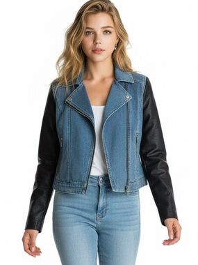 Moon Collection Womens Small Moto Denim Jacket Diagonal Zip Black Sleeves Cotton